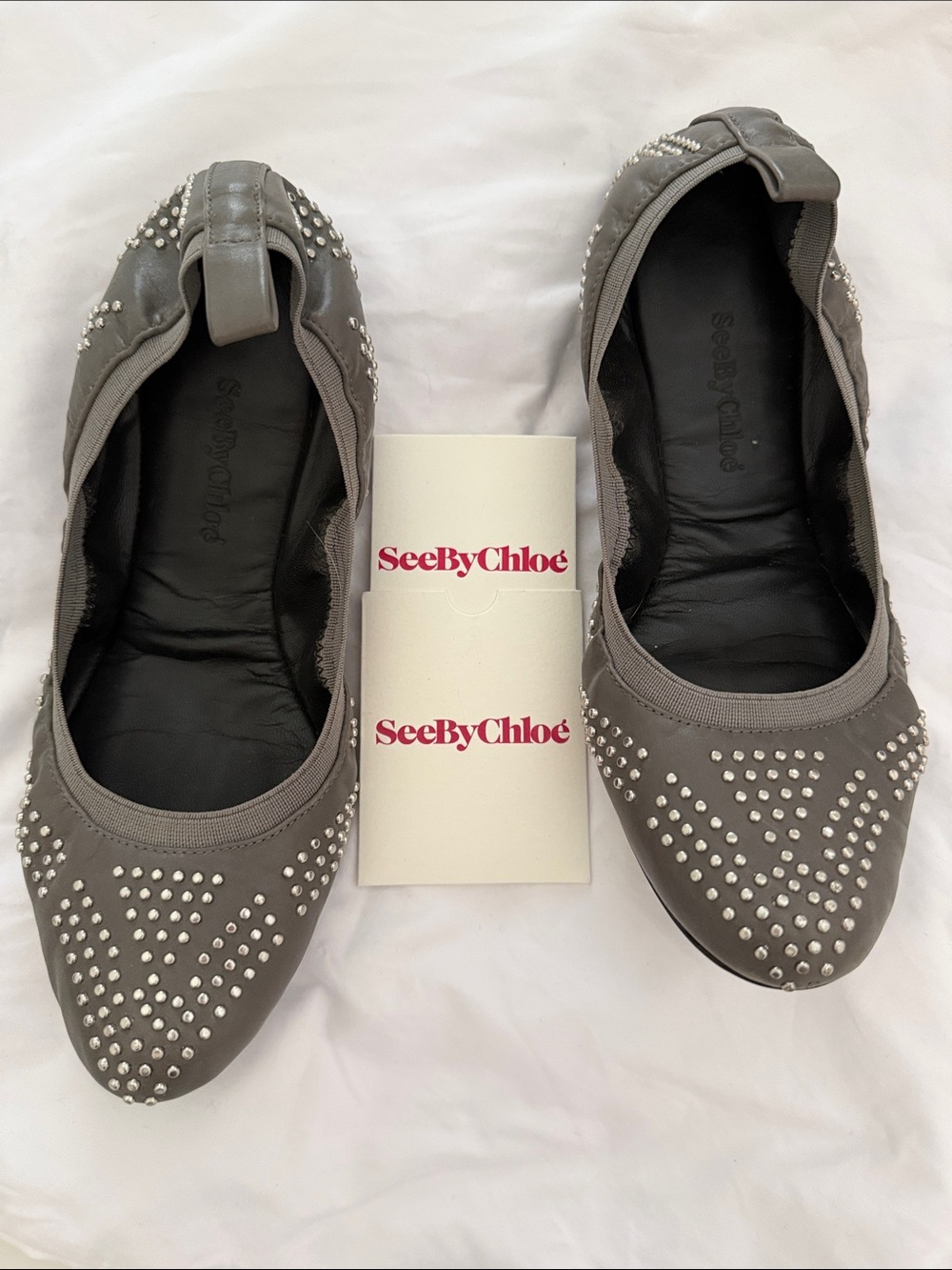 See By Chloé Gray Studded Leather Ballet Flats